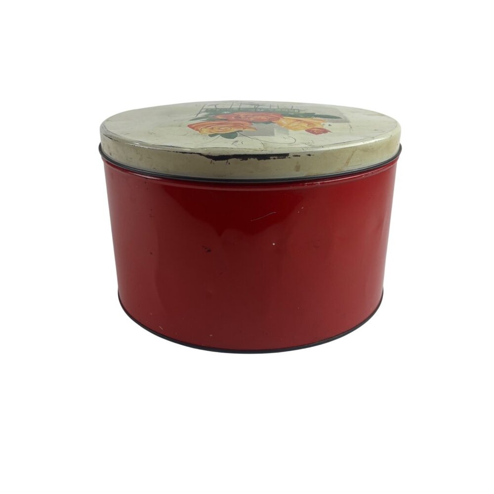 Vintage 50s Metal Tin Round Floral Cart Of Roses Decorative Storage Container - Picture 9 of 14